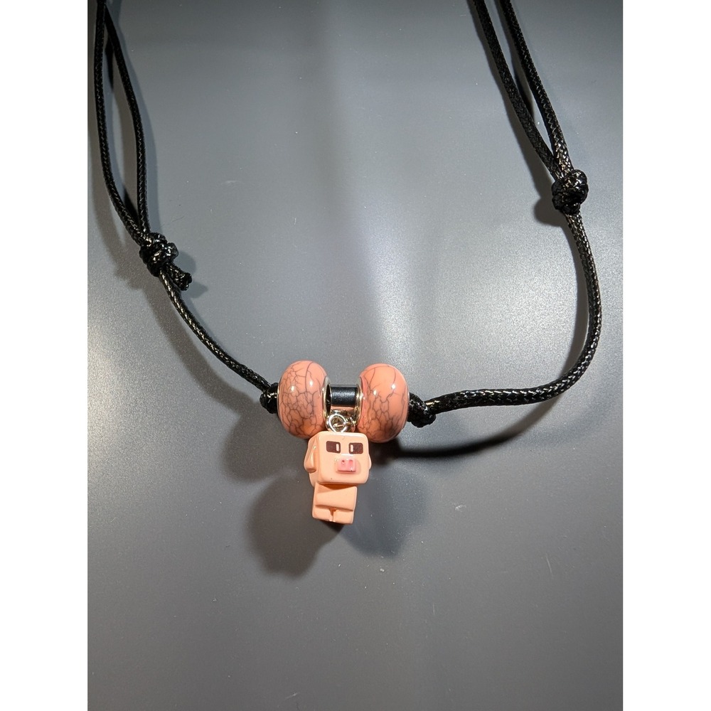 Pixel Pig Video Game Style Adjustable Cord Necklace Pink Marbled Beads